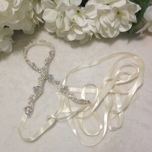 Queen Dream Ivory Satin Tie Rhinestone and Pearl Waistband Sash Belt